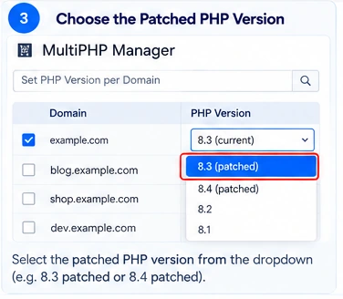CPANEL guide: cpanel 03 select patched php branch